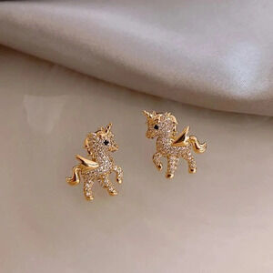 Gold Diamond Crystal Unicorn Stud Earrings
